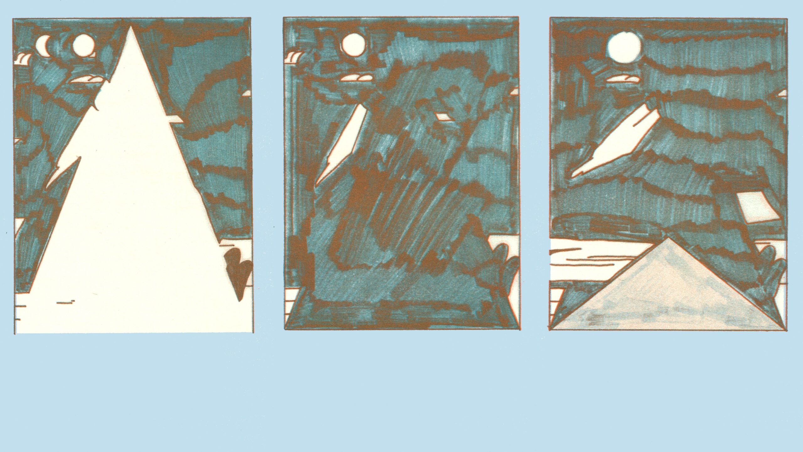 A 3-panel abstract comic printed on the risograph in Orange, Light Teal, and Cornflower, depicting various jagged shapes around a large triangle.