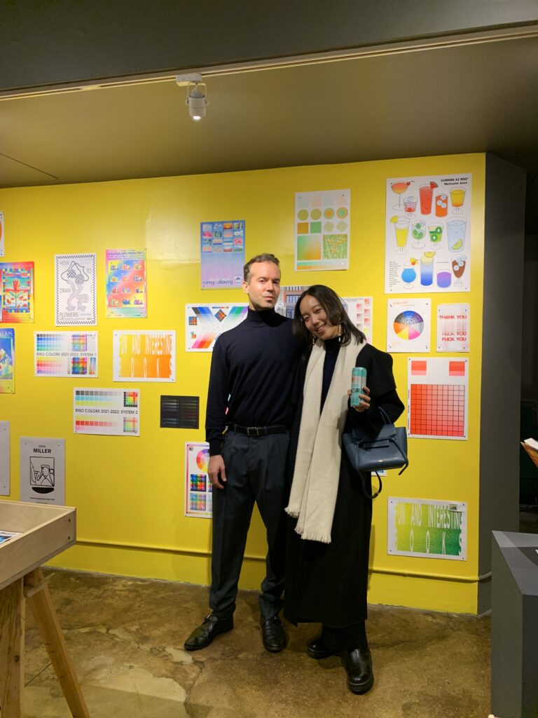 Photo of curator Panayiotis Terzis with Marie Oh at the opening of Printing the Future.