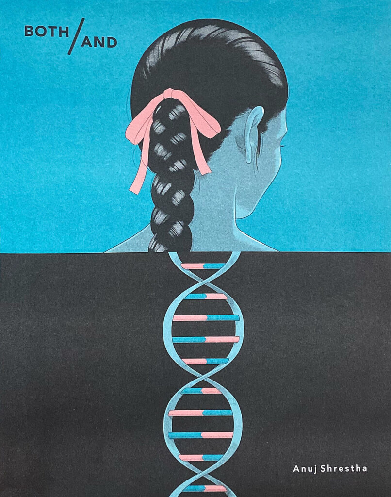 Illustration in black, pink and aqua, the top half shows the back of a figure's head, black hair in a braid tied with a pink bow. The bottom half is a close up of a strand of DNA.