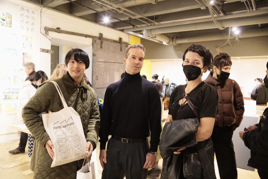 Hiromu Oka, Panayiotis Terzis, and Caroline Paquita-Kern at opening night at "Printing the Future" exhibition.