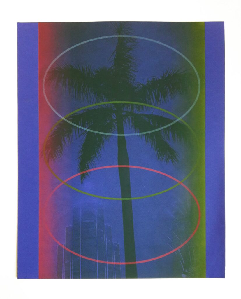 Monochromatic blue photograph of a palm tree and a building, with red and yellow gradients running horizontally from either side, with three interlocking ovals running down the center.