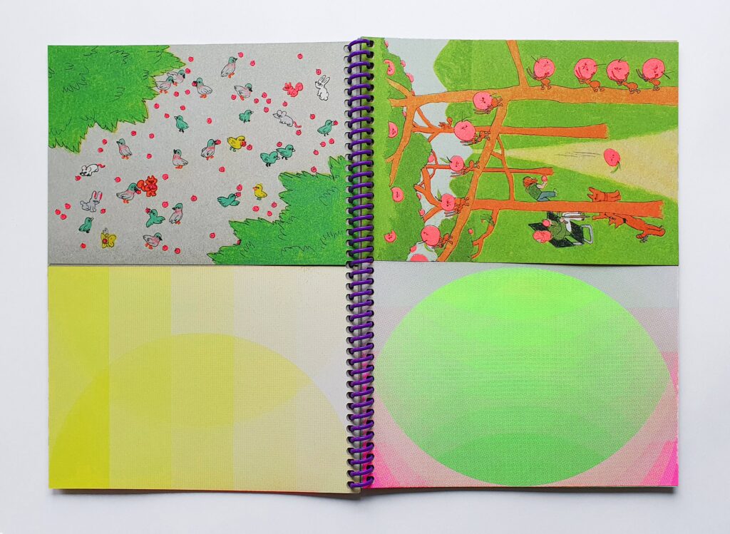 Double page spread of a purple spiral bound book printed in lime green, pink and yellow, the top half showing illustrations of woodland scenes with fruits and small creatures such as birds, mice and ants.