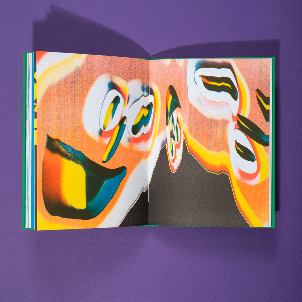Abstracted warped image in oranges, yellow and teal that vaguely represents a face, its eyes, nose and mouth stretched out and repeating across the page.