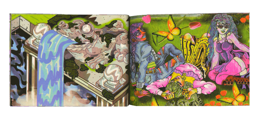 Riso spread of a brightly colored illustration, on the left is an animal statue on pillars covered in moss with water flowing from its mouth, on the right is an image of three girls in fun outfits lounging amongst butterflies and flowers.