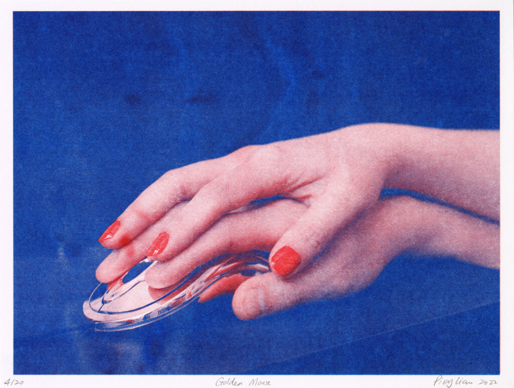 A Risograph Print Depicting two light skinned hands one on top of the other, the hand on top has their nails painted with red nail polish. The bottom hand is holding on to a chrome computer mouse against a blue background.