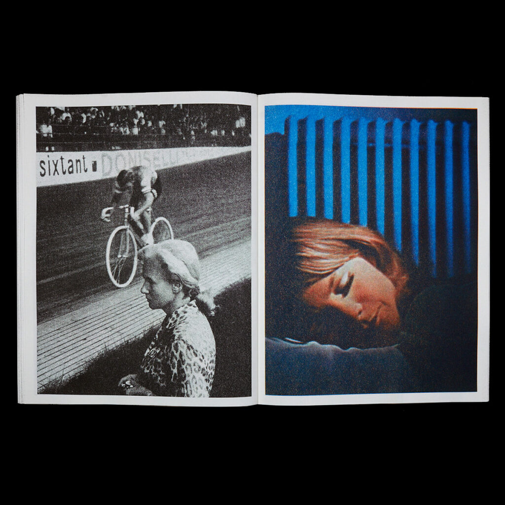On the left is a black and white photograph of a cyclist on a track and a female figure in a leopard print shirt in the foreground, on the right is a color photograph of a female figure with her head sideways on a pillow, eyes closed against a blue and black striped background.