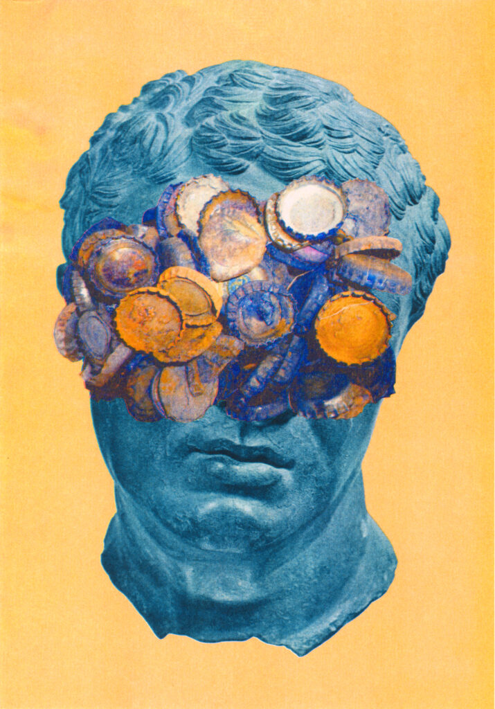 Risograph print of a statue's head in teal, with rusted blue and orange bottle caps covering the eyes against a golden yellow background.