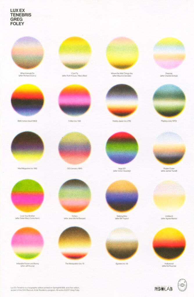 Print of various different color gradients in spheres arranged in a grid.