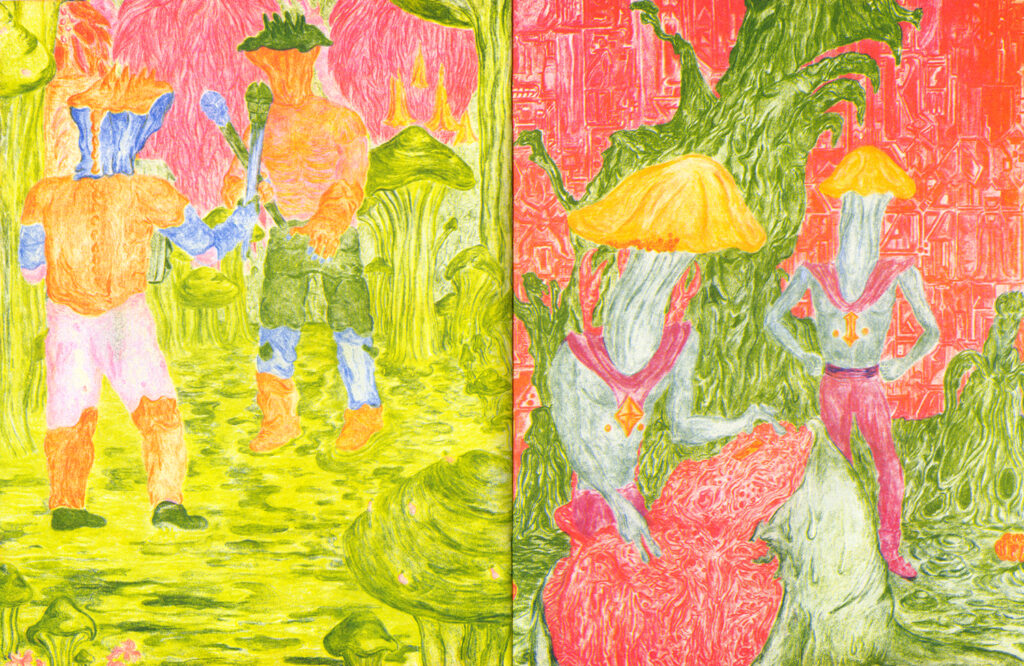 Double page spread showing figures with fungal heads in a fantasy fungus landscape, printed in bright red, green, yellow, blue and orange.