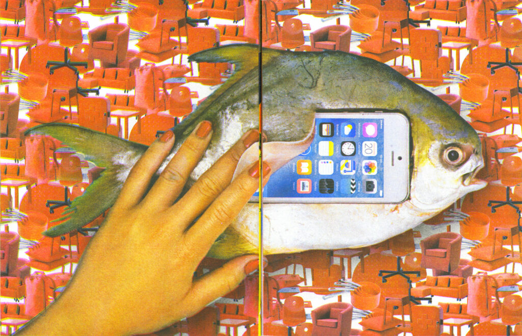 Photograph of a hand with red nail polish flipping open a flap of flesh from a dead fish, an iphone tucked into the cavity, against a background of superimposed orange home objects such as chairs, kitchen utensils and pillows.