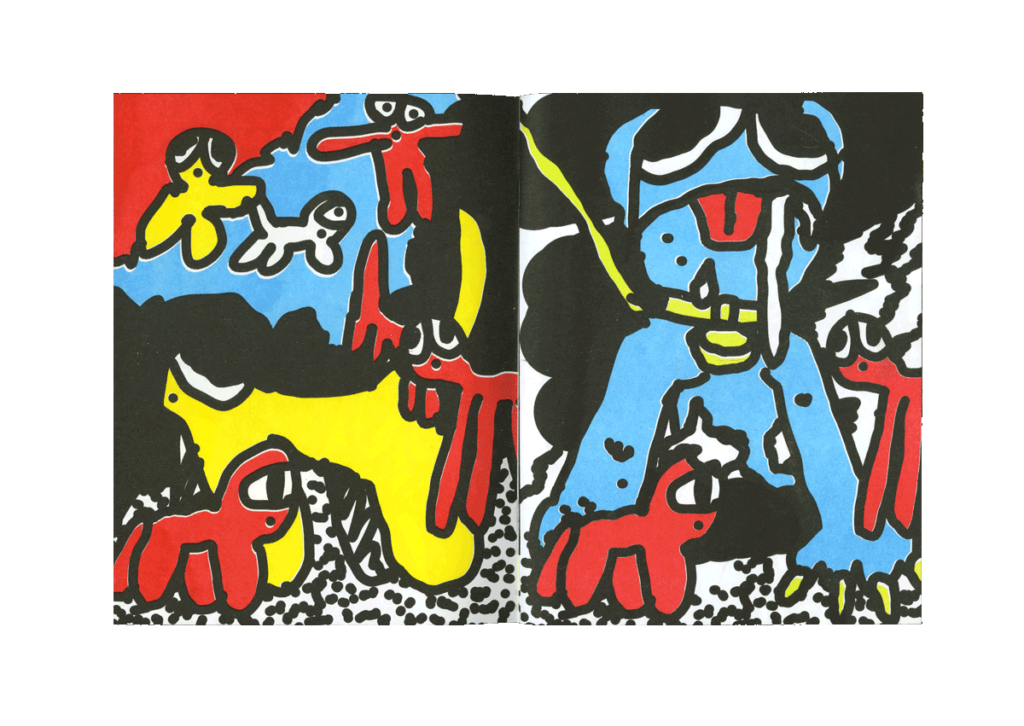 Double page spread of an illustration printed in red, black, yellow and blue, showing a chunky, roughly drawn figure walking a dog with thick lines.