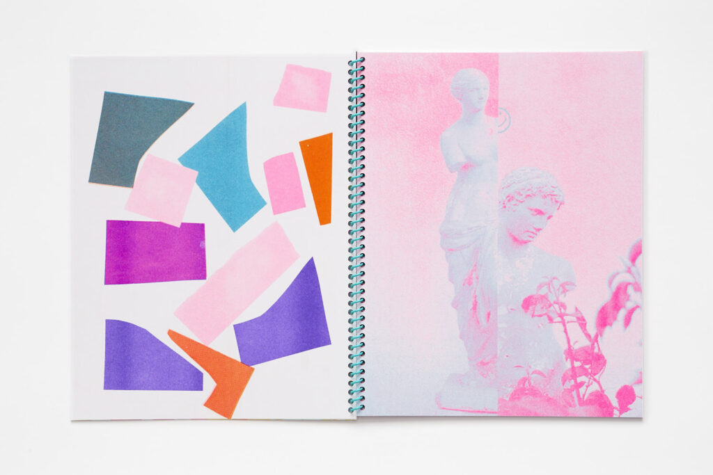 Double page spread, left page contains various colorful abstract shapes, the right page shows two images of a marble Greek statue printed in pink and aqua, with some leaves and stems on the right side.