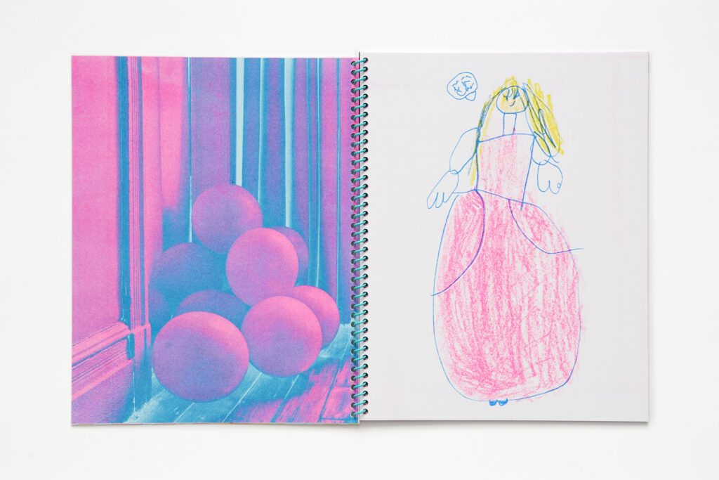 Double page spread, left image is a pink and aqua duotone photograph of some balloons in the corner of a room against some drapes, the right image is a child's drawing of a figure with blond hair and a pink ballgown.
