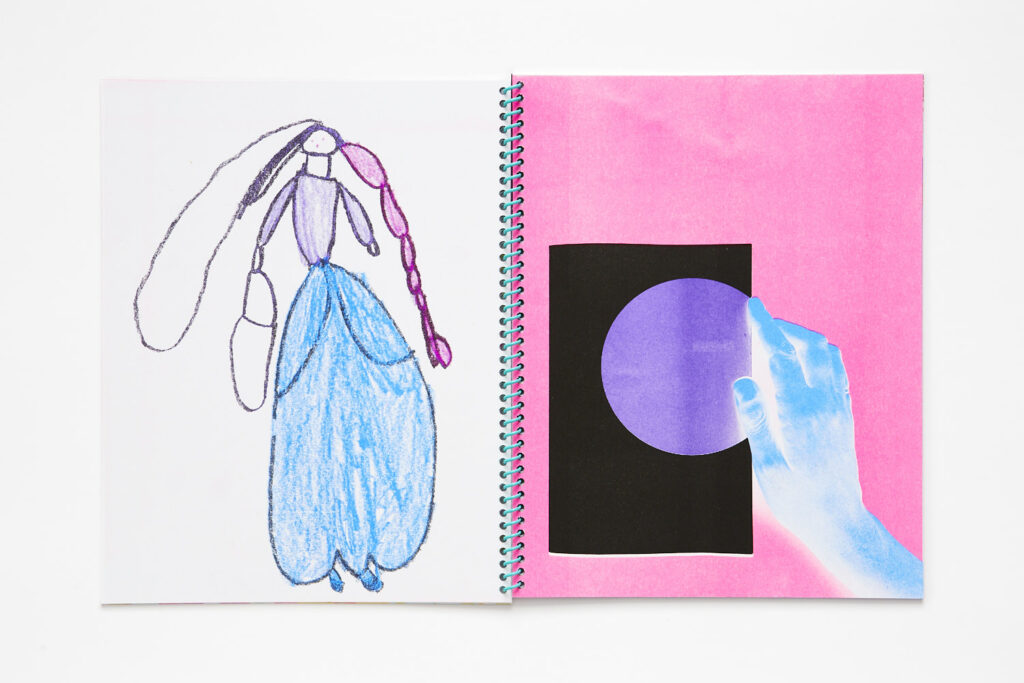 Double page spread, the left image is a child's drawing of a figure with long interlocking loops coming from their head, wearing a purple and blue ball gown, the right image is an aqua photograph of a hand touching the edge of a purple circle within a black rectangle against a pink background.
