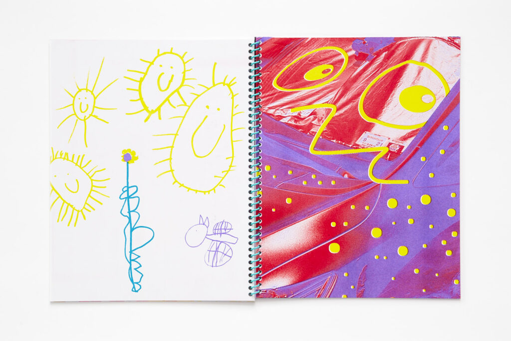 Double page spread, the left image is a child's drawing of a yellow flower and blue stem, surrounded by four irregular shaped suns with smiley faces, the right image is a red and purple duotone image of a car windshield with yellow drawings of cartoon eyes and dots on top.