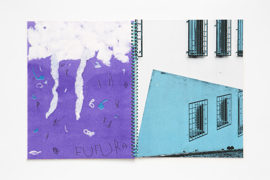 A double page spread, the left image is an abstract purple and white texture with smaller black, white and blue scribbles and shapes on it, the right image is a blue and white duotone photograph of the side of a building.