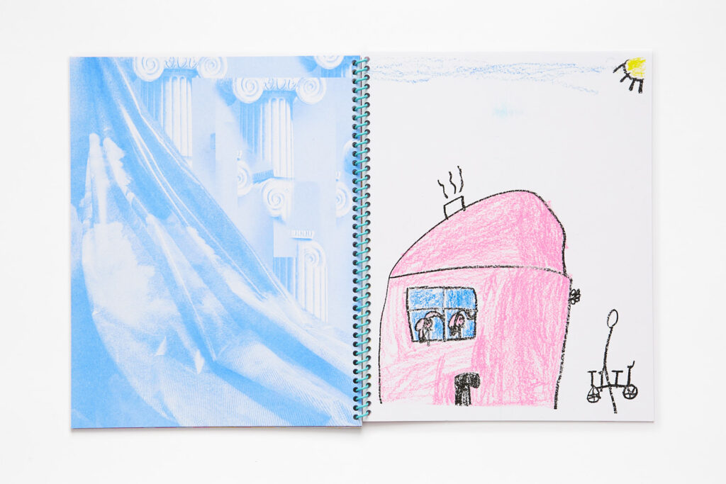 Double page spread, on the left is a photo of fabrics draping over superimposed repeated images of a Greek pillar, on the right is a child's drawing of a pink house.