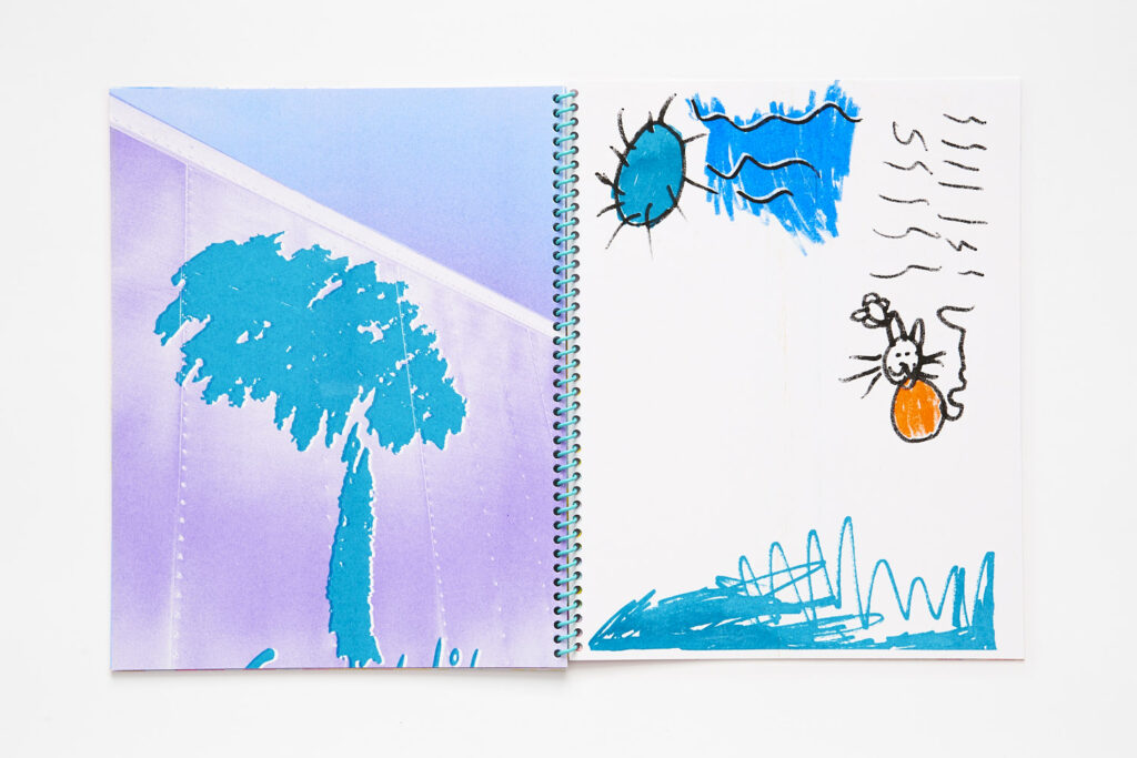 A double page spread of purple metal sheets with abstracted teal blue shapes on the left side, and a child's drawing of a blue sun, orange cat and other abstract marks on the right side.