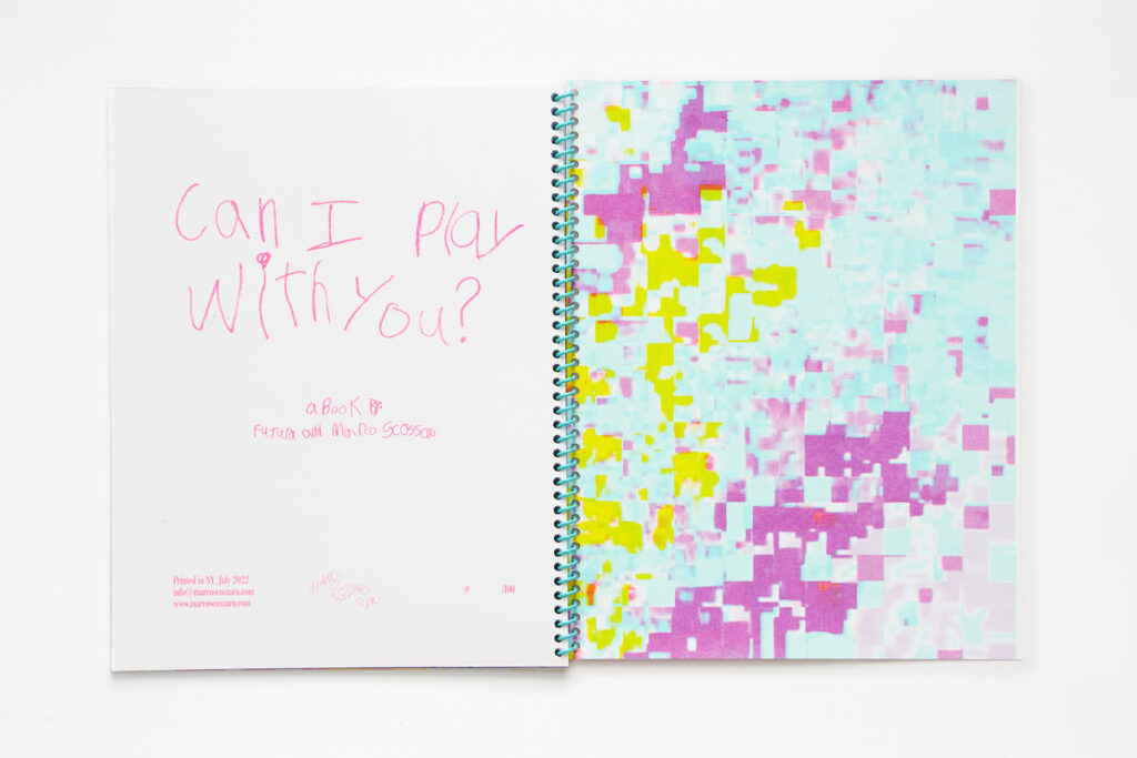 Open spread of Marco's book titled "Can I play with you?" written with a childish hand on the left page, with abstracted blue, pink and lime shapes and squares on the right page.