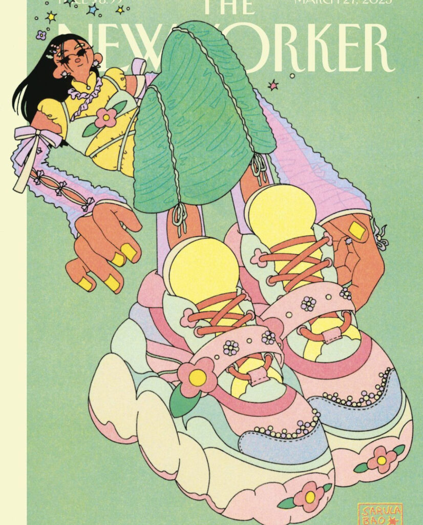Cover of New Yorker magazine, large cartoon sneakers worn by a girl wearing green pants against a green background. 