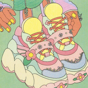 Cover of New Yorker magazine, large cartoon sneakers worn by a girl wearing green dress against a green background.