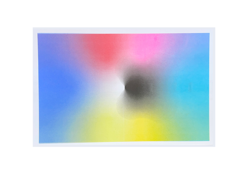 Print of different colorful gradients surrounding the black and white center.