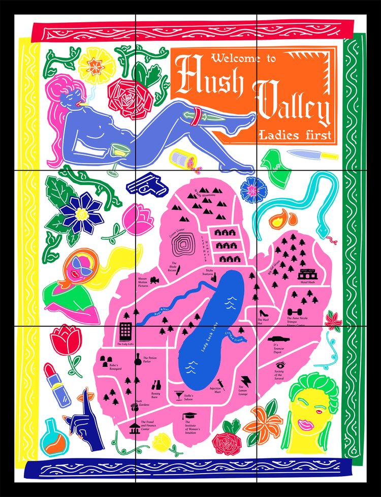 A print of a map, titled "Welcome to Hush Valley Ladies First" in Olde English font, the map is surrounded by symbols and figures, such as flowers and lipstick. 