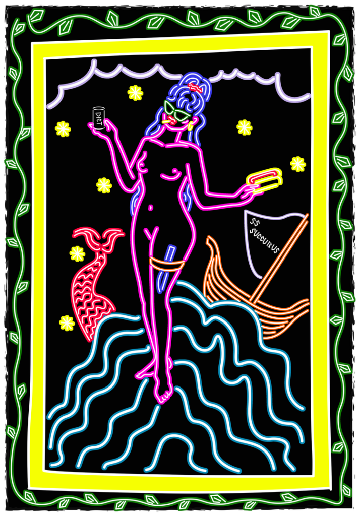 Colored lines againsta black background, resembling neon, showing a naked woman smoking, holding objects, amongst waves, in front of a fish tail and a ship. 