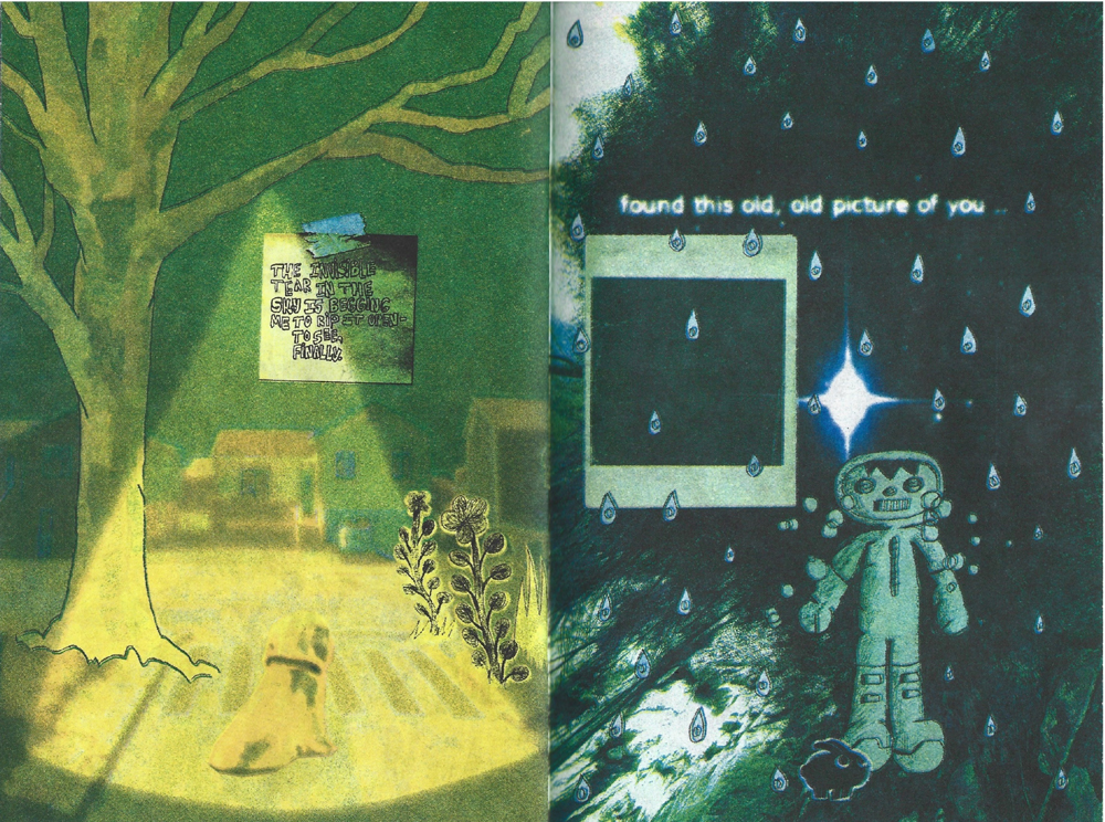 Double page comic spread a dog beneath a tree, and a figure crying, surrounded by liquid drops next to an instant photo. 