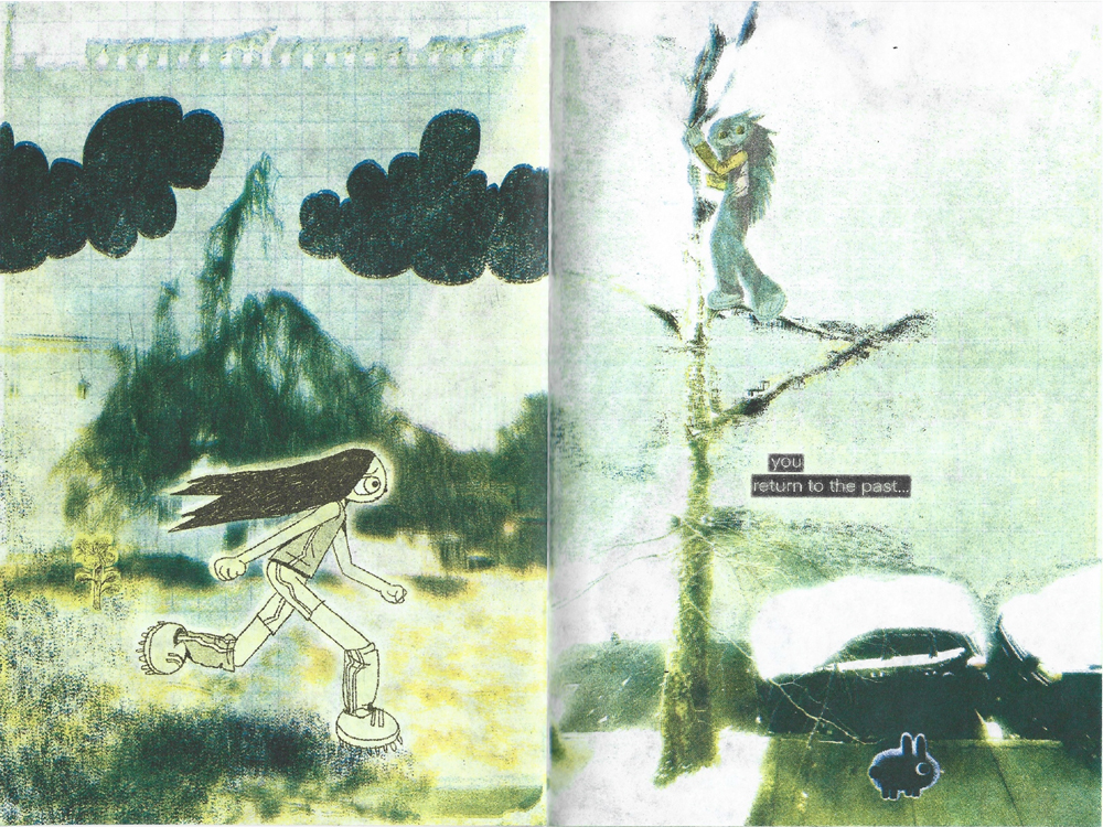Double page spread of a girl running through a collaged landscape.