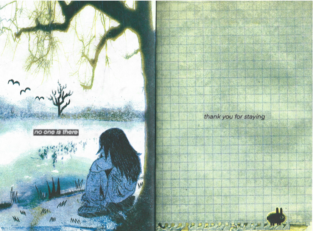 Double page spread of a girl sitting beneath a tree, next to a gridded page with a small black animal at the bottom. 