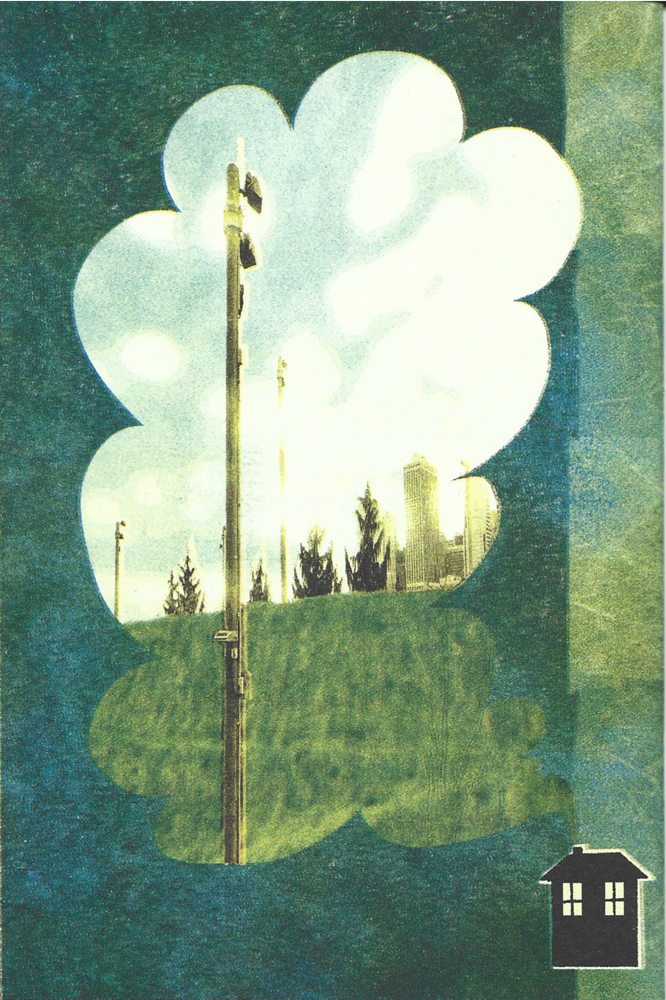Back cover, showing collaged elements, textures and landscape in a blue green tint. 