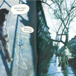 Double page spread of a photograph of a street with illustrated figures drawn on top. 