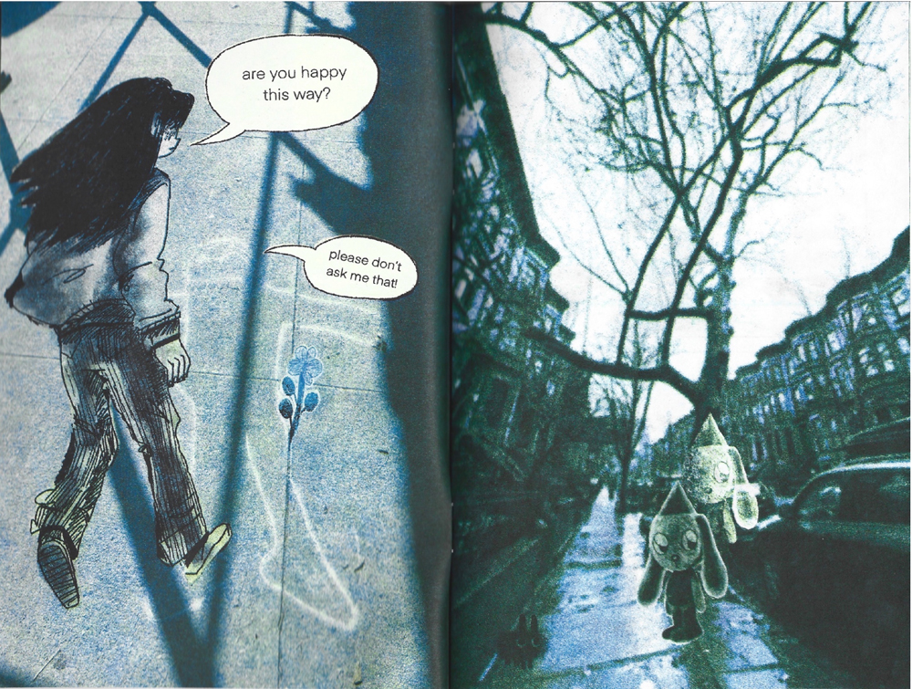 Double page spread of a photograph of a street with illustrated figures drawn on top. 