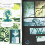 Comic pages showing a girl with braids on a bicycle. 