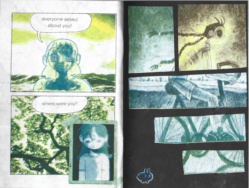 Comic pages showing a girl with braids on a bicycle. 