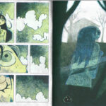 Double page comic spread showing a girl crying a single tear and looking at houses and trees. 