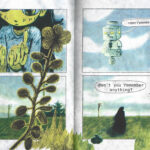 Double page comic spread showing a girl and a robot in a field with a plant extending across the page.