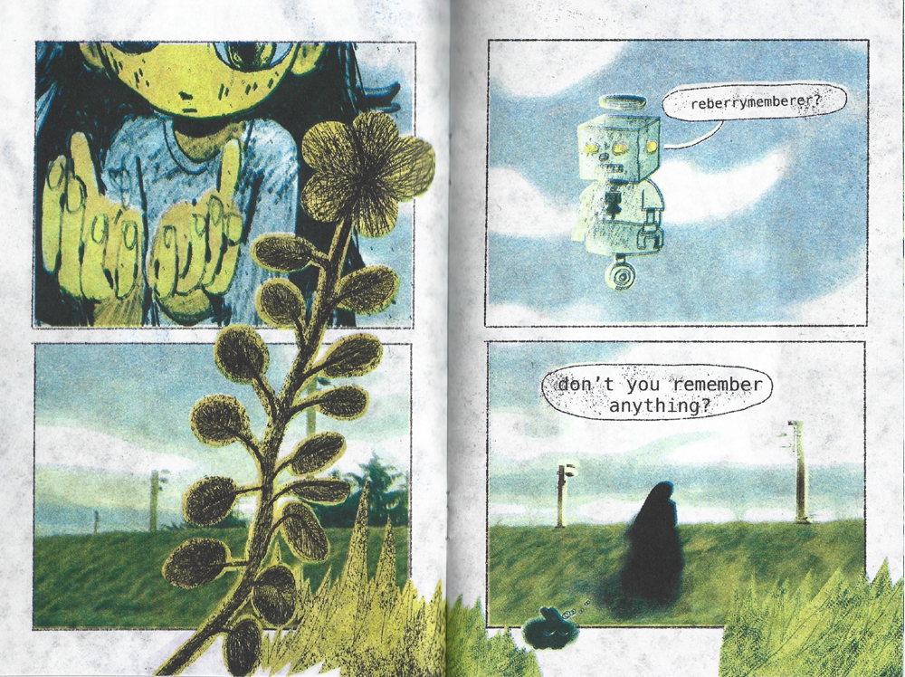Double page comic spread showing a girl and a robot in a field with a plant extending across the page.