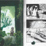 Double page comic spread showing a girl walking amongst trees and on a street at night. 
