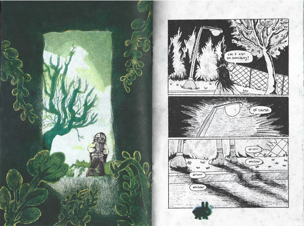 Double page comic spread showing a girl walking amongst trees and on a street at night. 