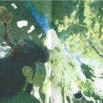 Double page spread showing a girl amongst trees, printed in blue and yellow. 