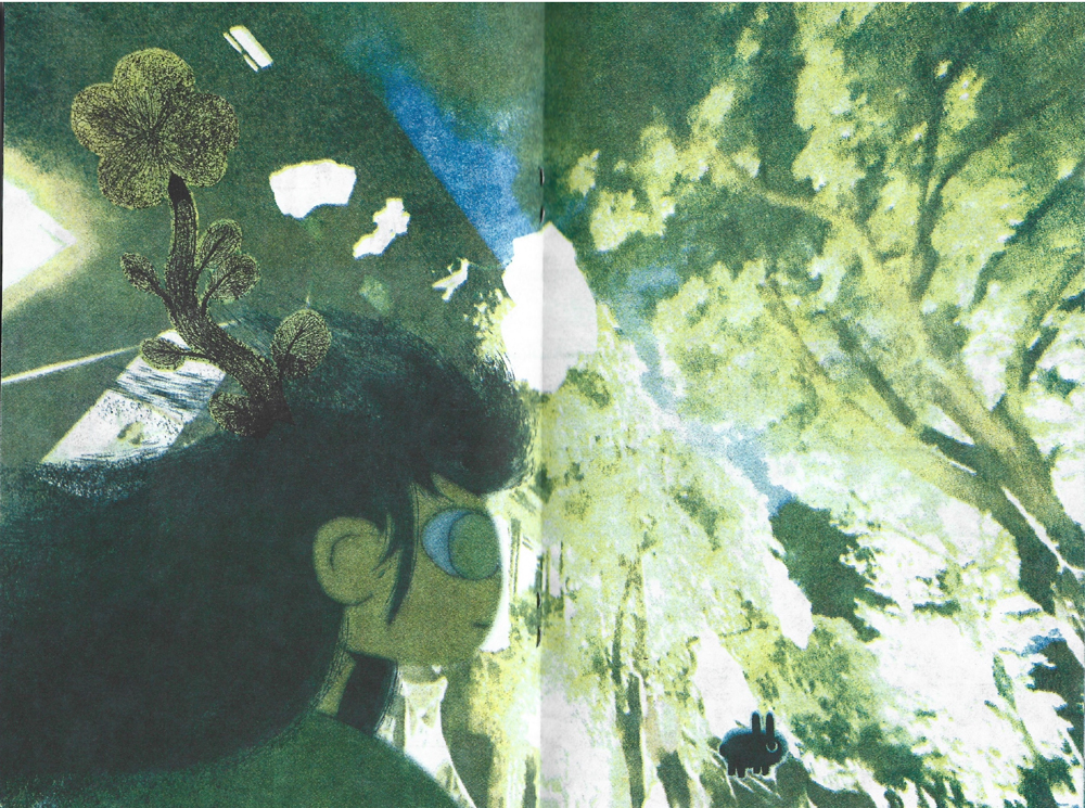 Double page spread showing a girl amongst trees, printed in blue and yellow. 