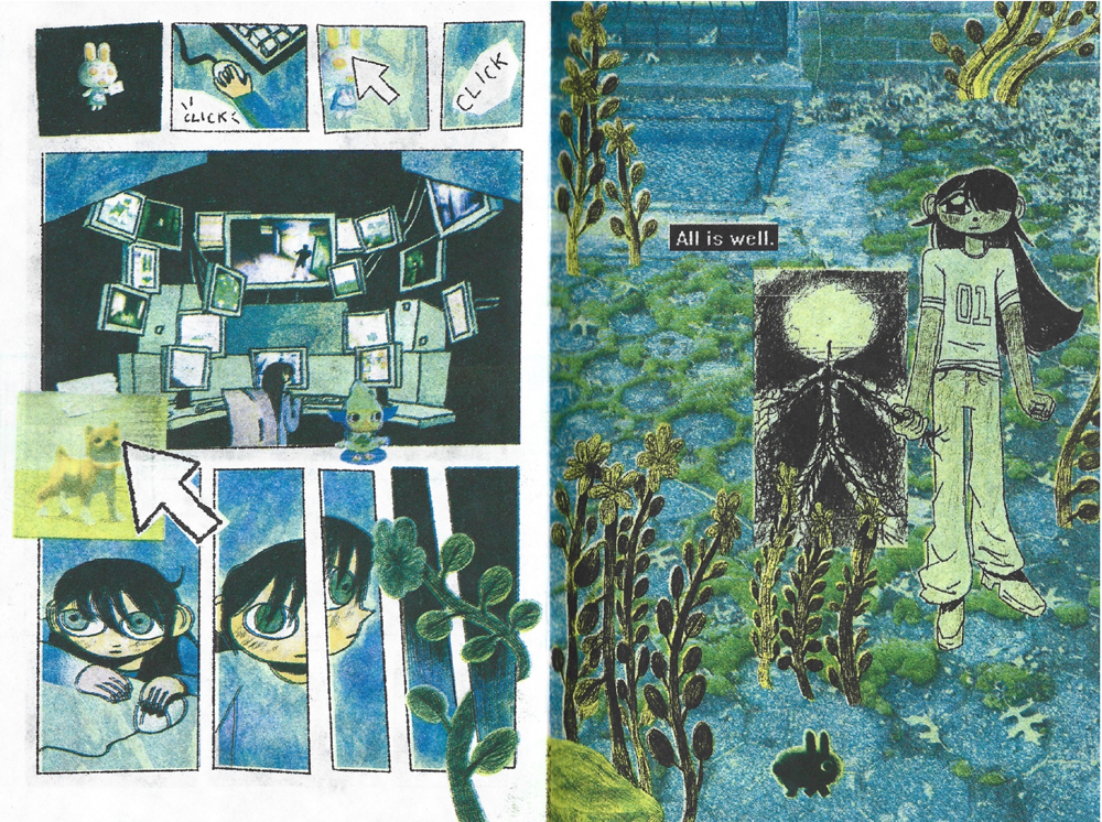 Double page comic spread showing a girl facing multiple computer screens and holding hands with an abstracted creature like figure. 