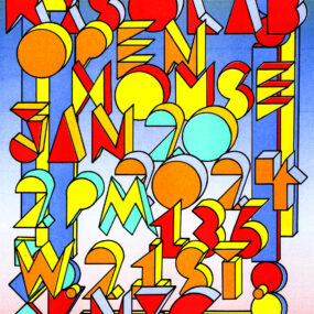 Riso printed poster showing a Colorful cascade of graphic letterforms spelling out RisoLAB Open House January 20 2024 2 pm 136 west 21st st NYC