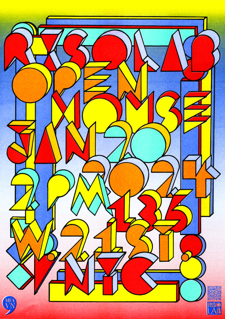 Riso printed poster showing a Colorful cascade of graphic letterforms spelling out RisoLAB Open House January 20 2024 2 pm 136 west 21st st NYC