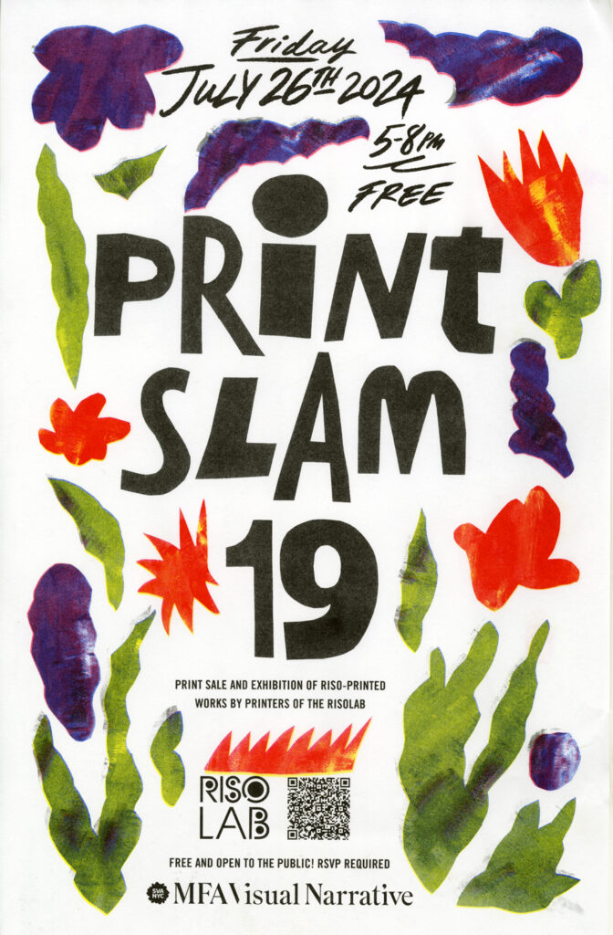 PRINT SLAM 19 in large block letters surrounded by colorful abstract renderings of flower shapes