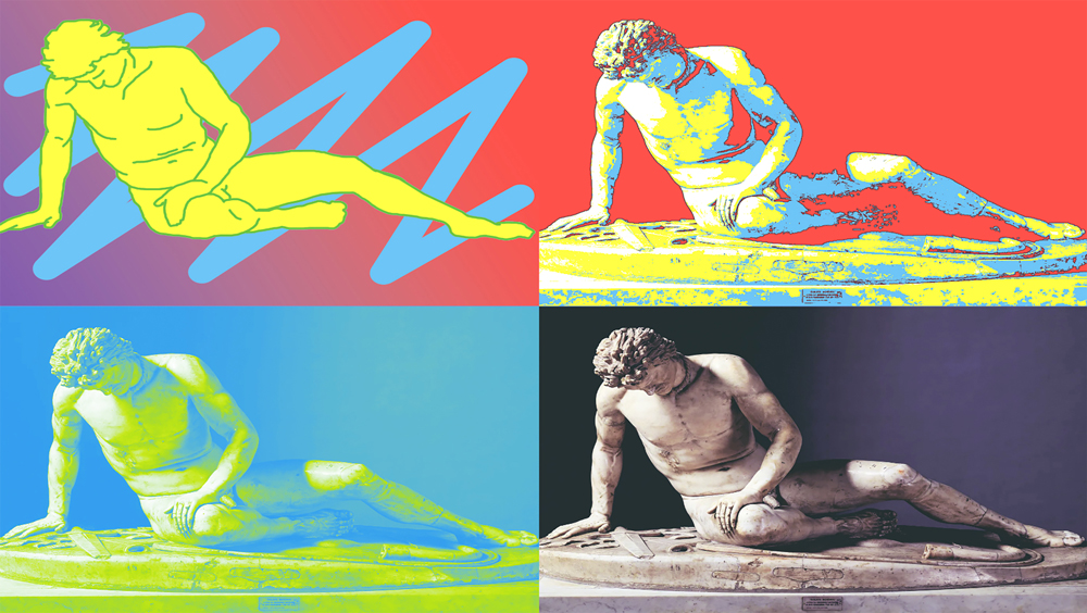 Four depictions of The Dying Gaul, an ancient Roman marble semi-recumbent statue, rendered in vivid colors using different photo manipulation techniques, arranged in a grid