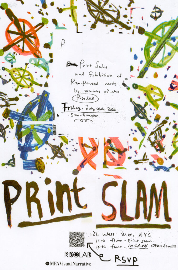 Scribbled text in the center of composition describing the Print Slam Exhibition and Print Sale surrounded by expressionistic renderings of cross/circle symbols in bright and muddy colors referencing print registration marks; PRINT SLAM at the bottom of composition in large hand drawn type