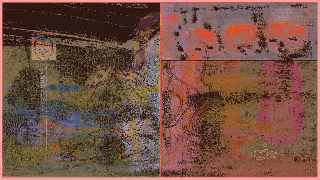 Abstract print in black, fluorescent pink, blue, and yellow ochre showing drawings of figures and heads floating in cloudy backgrounds